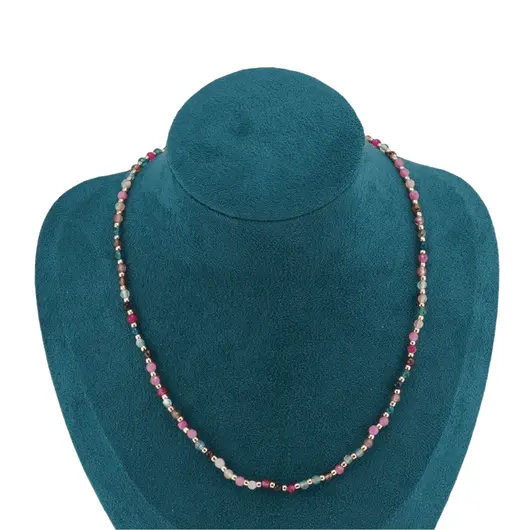 Colier Agate multicolore sfere fatetate 3-4mm cu bumbi aurii, imagine 3