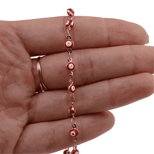 Lant din cupru placat cu aur roz 18k model ochiul protector rosu, 4mm, imagine 3