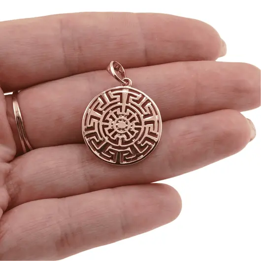 Pandantiv rotund din cupru placat cu aur roz 18k model grecesc, 21mm, imagine 3