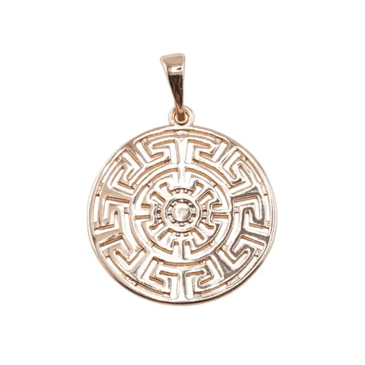 Pandantiv rotund din cupru placat cu aur roz 18k model grecesc, 21mm