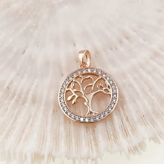 Pandantiv rotund din cupru placat cu aur roz 18k Pomul Vietii cu montura de zirconiu, 20mm, imagine 2