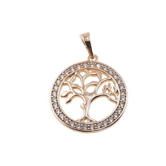 Pandantiv rotund din cupru placat cu aur roz 18k Pomul Vietii cu montura de zirconiu, 20mm