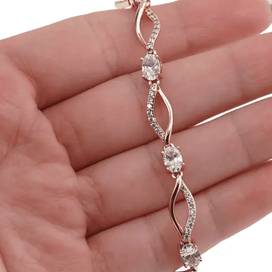 Bratara din cupru placat cu aur roz 18k cu elemente din zirconiu alb, model curbat, imagine 3