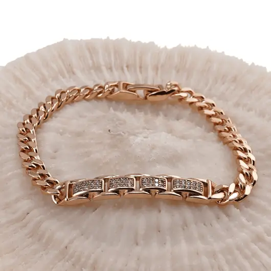 Bratara din cupru placat cu aur roz 18k cu elemente din zirconiu, model figaro box, imagine 2