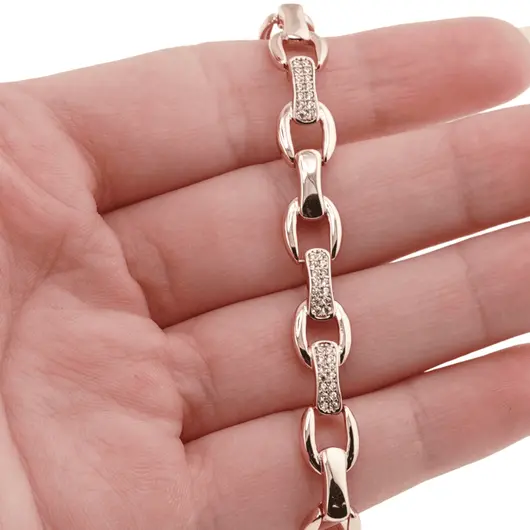 Bratara din cupru placat cu aur roz 18k cu elemente din zirconiu, model Rolo plat, imagine 3