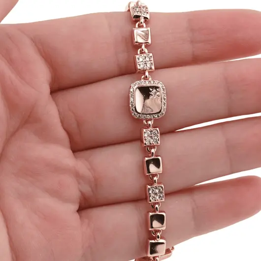 Bratara din cupru placat cu aur roz 18k cu elemente din zirconiu, model zale patrate, imagine 3
