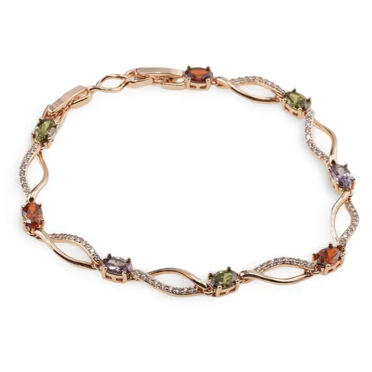 Bratara din cupru placat cu aur roz 18k cu elemente din zirconiu multicolor, model curbat
