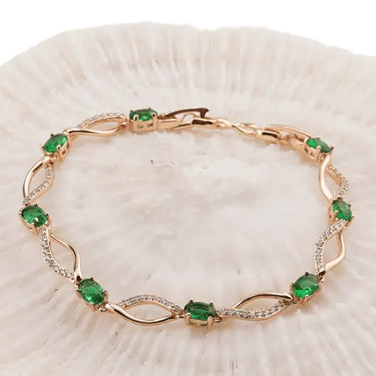 Bratara din cupru placat cu aur roz 18k cu elemente din zirconiu verde, model curbat, imagine 2
