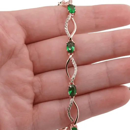 Bratara din cupru placat cu aur roz 18k cu elemente din zirconiu verde, model curbat, imagine 3