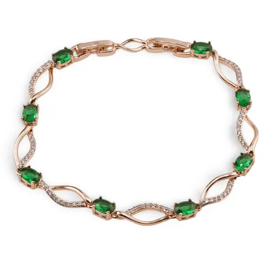 Bratara din cupru placat cu aur roz 18k cu elemente din zirconiu verde, model curbat