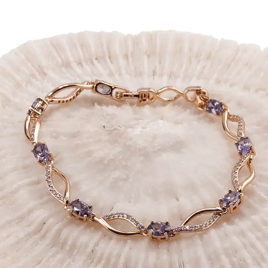 Bratara din cupru placat cu aur roz 18k cu elemente din zirconiu violet, model curbat, imagine 2