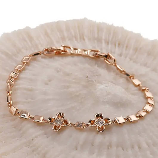 Bratara din cupru placat cu aur roz 18k, model cubic cu doua flori, imagine 2