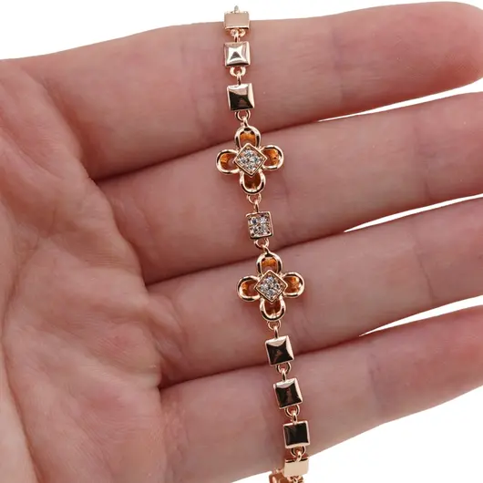 Bratara din cupru placat cu aur roz 18k, model cubic cu doua flori, imagine 3