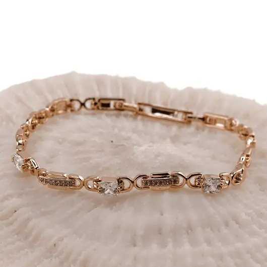Bratara din cupru placat cu aur roz 18k, model cubic cu zirconiu alb fatetat, imagine 2