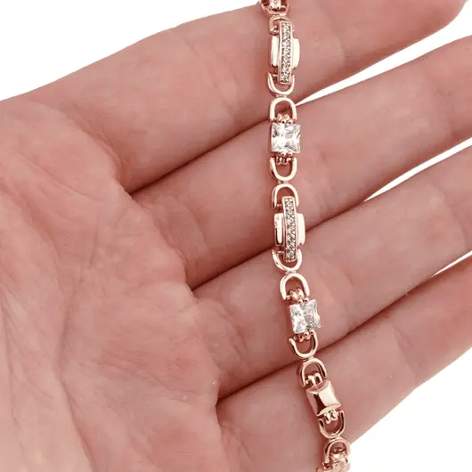 Bratara din cupru placat cu aur roz 18k, model cubic cu zirconiu alb fatetat, imagine 3