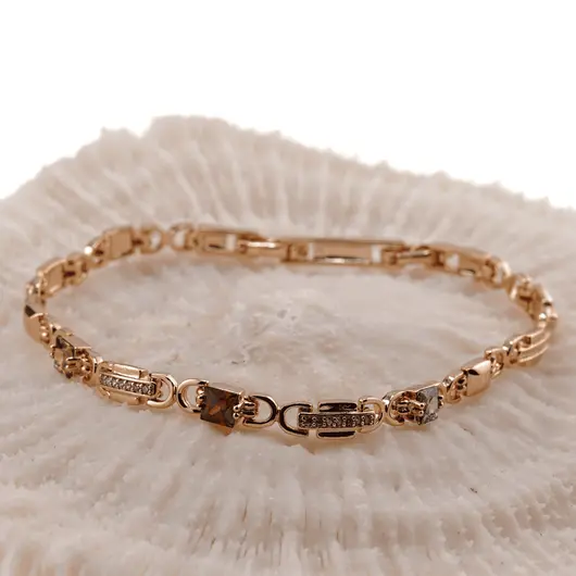 Bratara din cupru placat cu aur roz 18k, model cubic cu zirconiu multicolor fatetat, imagine 2