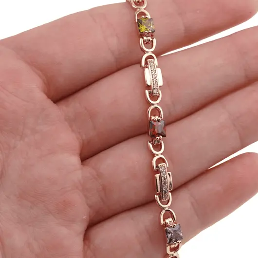 Bratara din cupru placat cu aur roz 18k, model cubic cu zirconiu multicolor fatetat, imagine 3