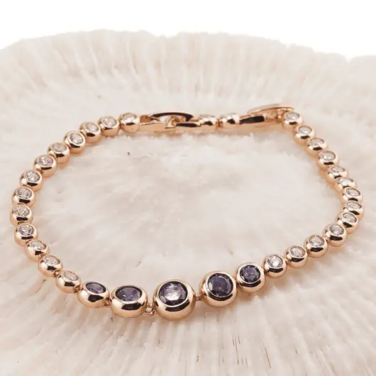 Bratara din cupru placat cu aur roz 18k, sfere cu zirconiu alb si violet, imagine 2