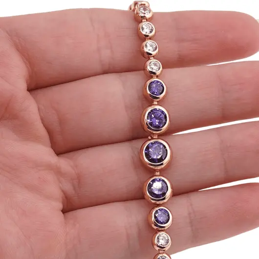 Bratara din cupru placat cu aur roz 18k, sfere cu zirconiu alb si violet, imagine 3