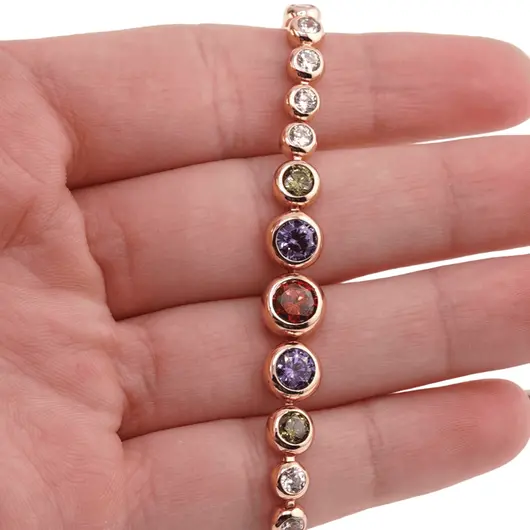 Bratara din cupru placat cu aur roz 18k, sfere cu zirconiu multicolore, imagine 3