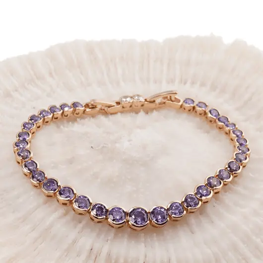 Bratara din cupru placat cu aur roz 18k, sfere cu zirconiu violet, imagine 2