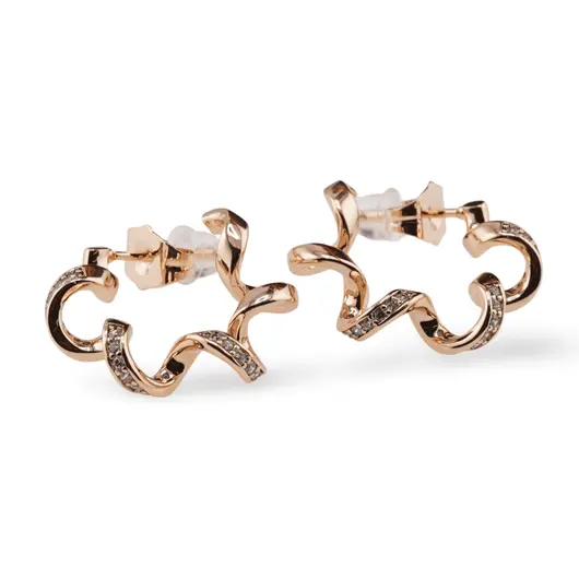 Cercei cu surub din cupru placat cu aur roz 18k model floare cu zirconii, 23mm, imagine 2