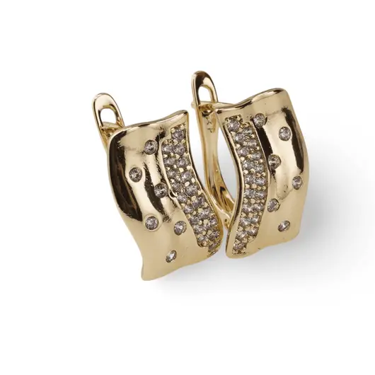 Cercei din cupru placat cu aur galben 18k model banda curbata cu zirconii, 16mm, imagine 2