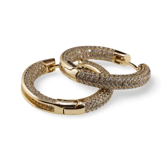 Cercei din cupru placat cu aur galben 18k rotunzi cu cinci randuri de zirconii, 27mm, imagine 2
