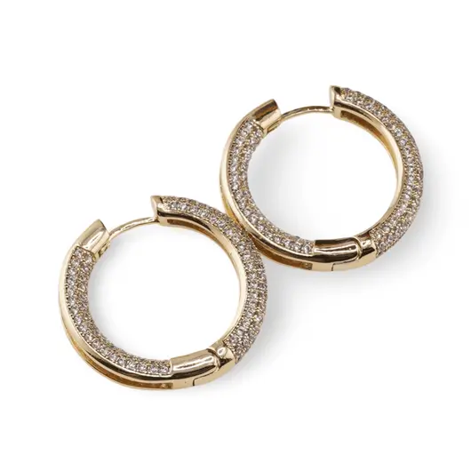 Cercei din cupru placat cu aur galben 18k rotunzi cu cinci randuri de zirconii, 27mm