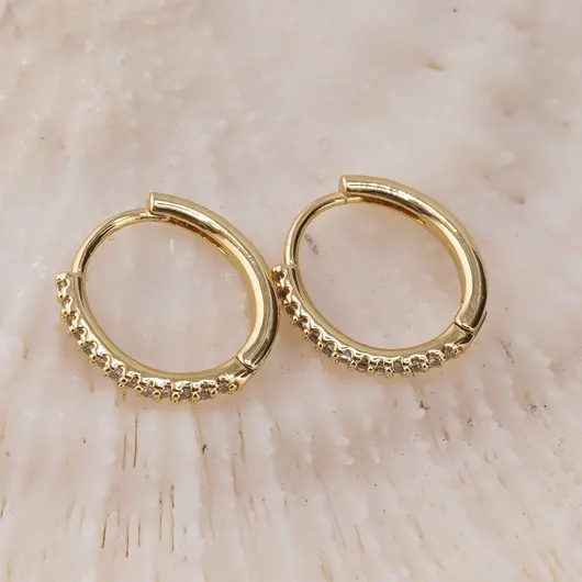 Cercei din cupru placat cu aur galben 18k rotunzi cu zirconii, 14mm, imagine 2