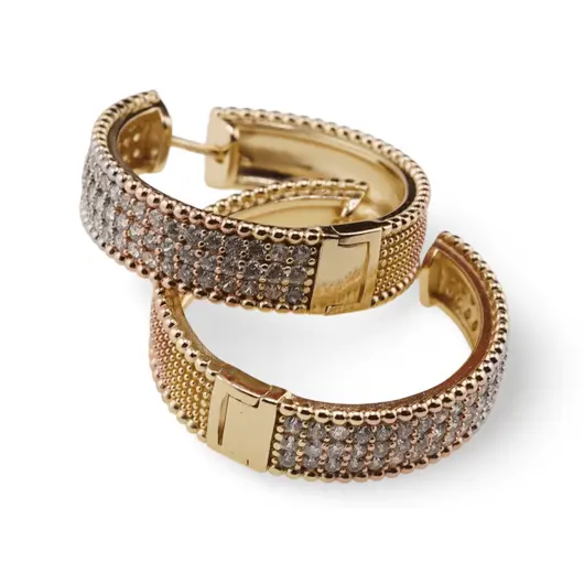 Cercei din cupru placat cu aur galben 18k rotunzi curcubeu cu trei randuri de zirconii, 27mm, imagine 2