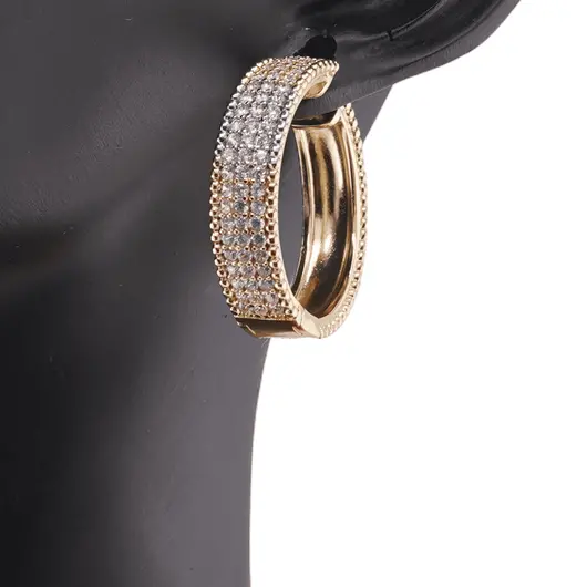 Cercei din cupru placat cu aur galben 18k rotunzi curcubeu cu trei randuri de zirconii, 27mm, imagine 3