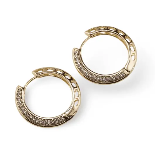 Cercei din cupru placat cu aur galben 18k rotunzi plati cu zirconii, 24mm