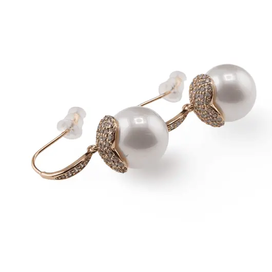 Cercei din cupru placat cu aur roz 18k cu agatatoare perla si zirconii, 14mm, imagine 2