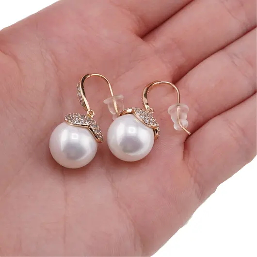 Cercei din cupru placat cu aur roz 18k cu agatatoare perla si zirconii, 14mm, imagine 4