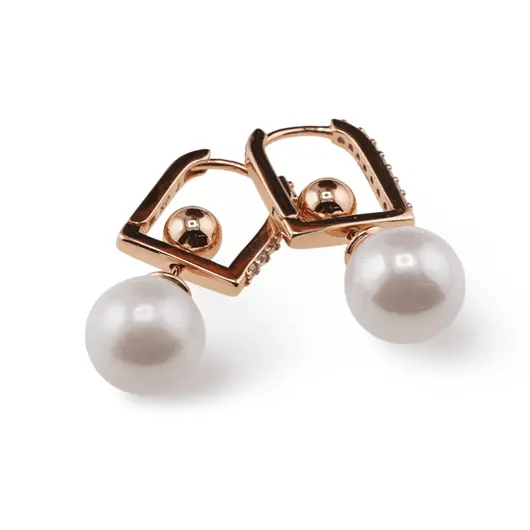 Cercei din cupru placat cu aur roz 18k cu perla si bumb, 27mm, imagine 2