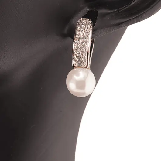 Cercei din cupru placat cu aur roz 18k cu perla si trei randuri de zirconii, 21mm, imagine 3