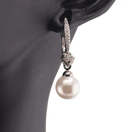 Cercei din cupru placat cu aur roz 18k cu perla si zirconii incrustate, 31mm, imagine 3