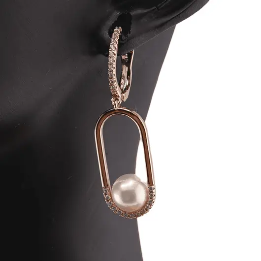 Cercei din cupru placat cu aur roz 18k geometrici cu perla, 48mm, imagine 3