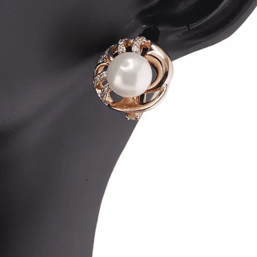 Cercei din cupru placat cu aur roz 18k model floare cu perla, 14mm, imagine 3