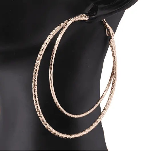 Cercei din cupru placat cu aur roz 18k texturati mari rotunzi dubli, 59mm, imagine 3