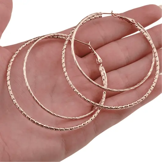 Cercei din cupru placat cu aur roz 18k texturati mari rotunzi dubli, 59mm, imagine 4