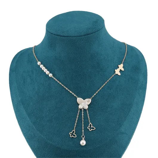 Lant din inox placat cu aur galben 18k cu fluturi, sidef si perle, imagine 2