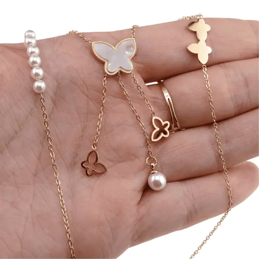 Lant din inox placat cu aur galben 18k cu fluturi, sidef si perle, imagine 3