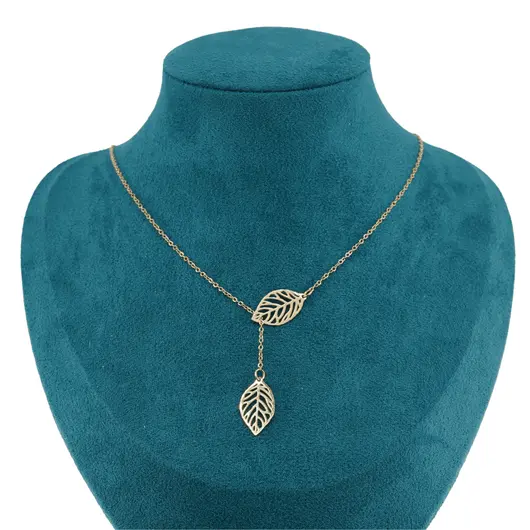 Lant din inox placat cu aur galben 18k, pandantiv ajustabil cu frunze, imagine 2