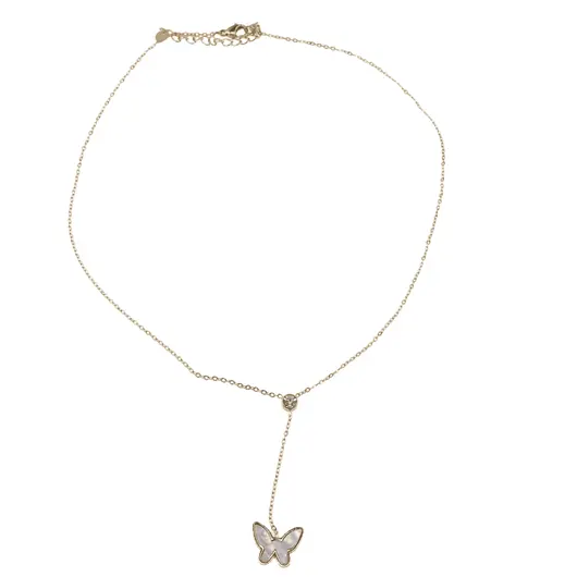 Lant din inox placat cu aur galben 18k, pandantiv Fluture cu sidef