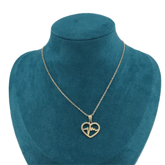 Lant din inox placat cu aur galben 18k, pandantiv inima cu ritm, imagine 2