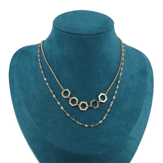 Lant dublu din inox placat cu aur galben 18k, pandantiv fagure, imagine 2