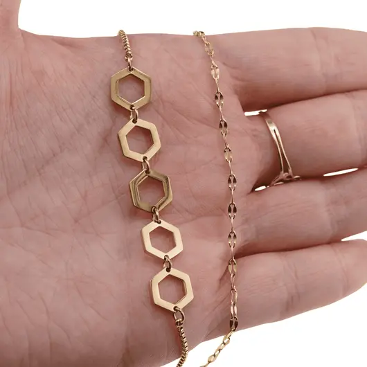 Lant dublu din inox placat cu aur galben 18k, pandantiv fagure, imagine 3
