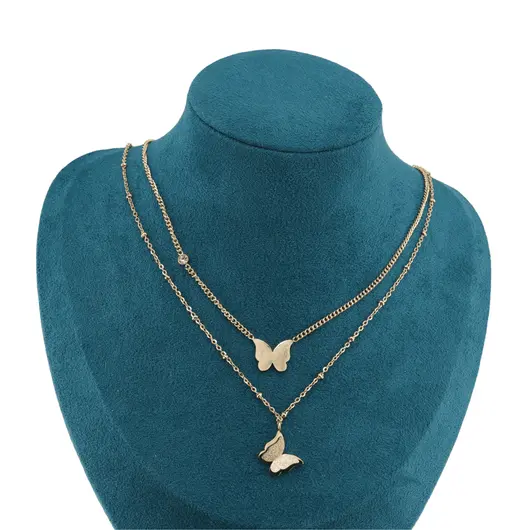 Lant dublu din inox placat cu aur galben 18k, pandantiv fluturi, imagine 2